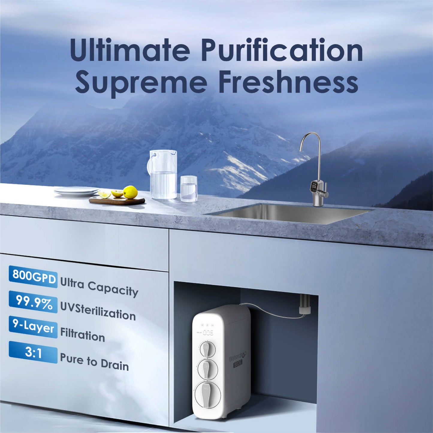 Système d’Osmose Inverse Sans Réservoir Waterdrop G3P800 avec Lumière UV